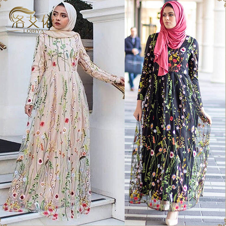2020 Women Maix Design Floral Embroidery Lace Dress Dubai Uae Turkish Qatar Lalamic Muslim Abays Kaftan Clothing 