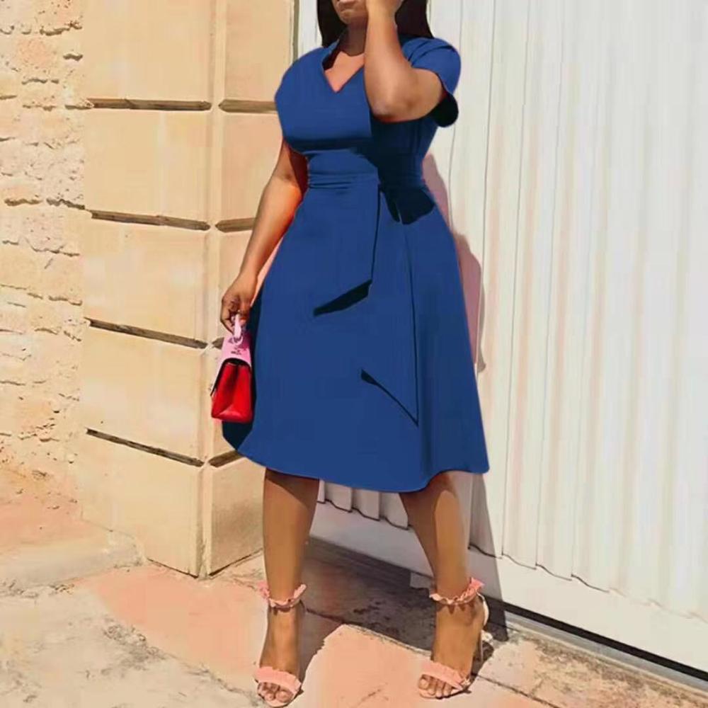Sexy V-neck Short Sleeve Belt Big Size African Women Dress 