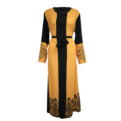 Fashion Arab muslims printed long sleeve splice belt dress