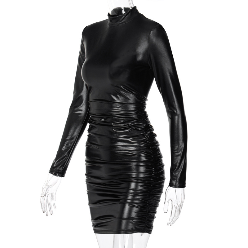 European-american temperament elegant autumn and winter round collar wrap buttocks dress