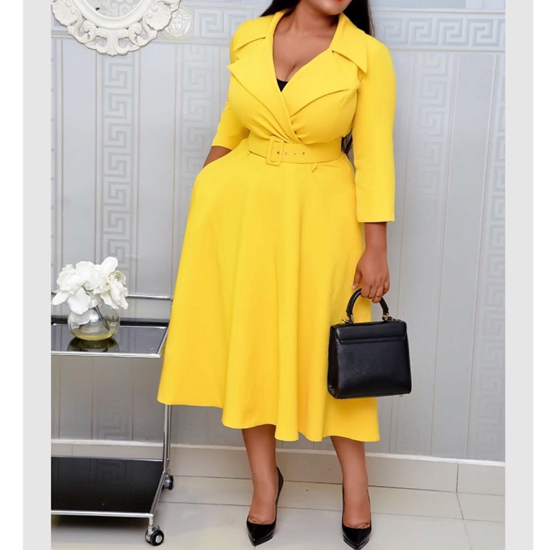 Notched Plus Size Pleated Midi A-line African Lady Dress