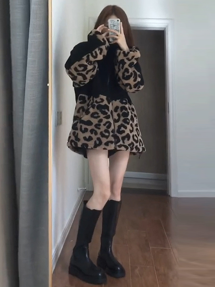 欧美范拼接撞色豹纹羊羔绒外套女中长款宽松立领开衫秋冬休闲夹克