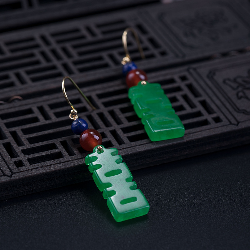 Antique silver dry green happy character onyx earrings