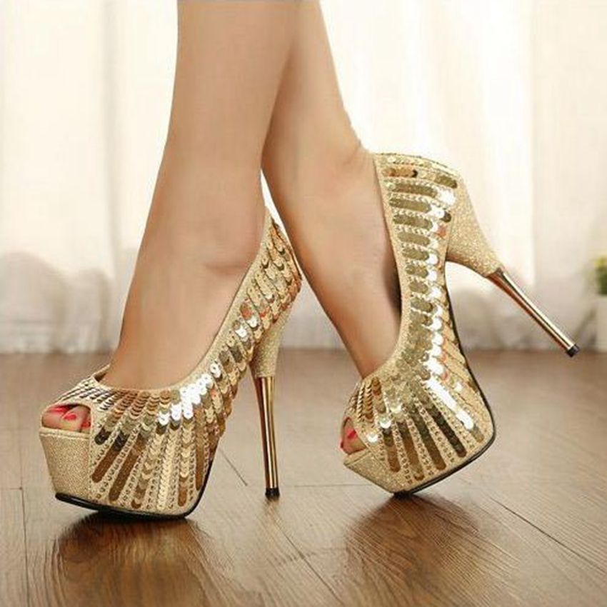 Sexy to glitter peep-toe golden pearls Middle East Lady's high heels