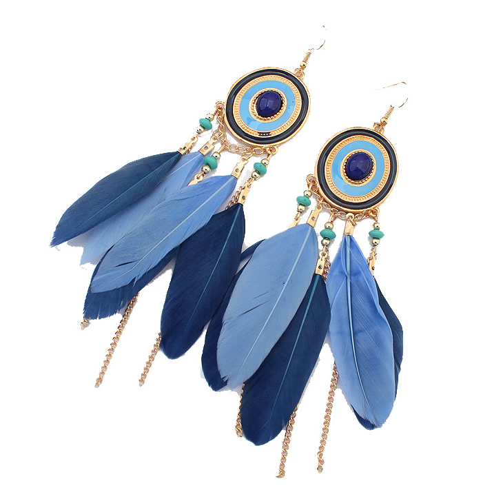 Fashion Bohemia disc feather tassel earrings
