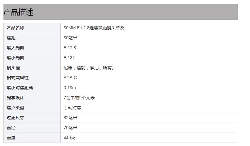 60毫米F2.8主镜无反