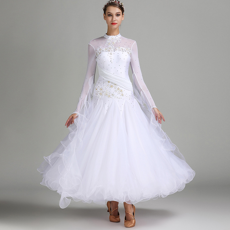 White ballroom dress long sleeves waltz dresses for ballroom dancing foxtrot dance dress standard ball dress sequins