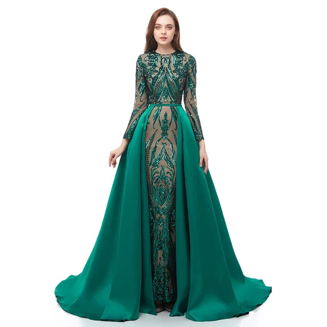 2020 long sleeve shiny women evening dresses Detachable train party evening gown 
