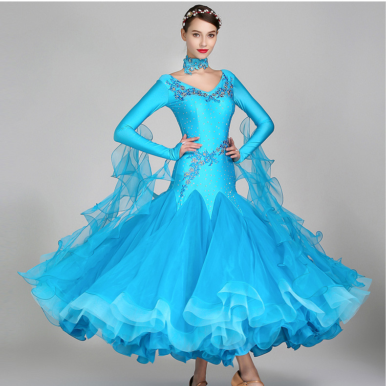 White ballroom dress long sleeves waltz dresses for ballroom dancing foxtrot dance dress standard ball dress sequins