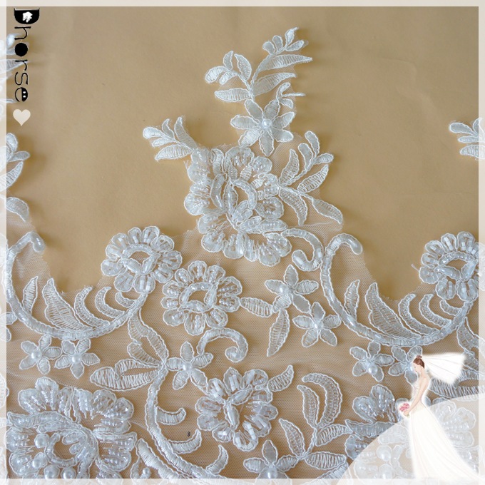 Factory direct low MOQ custom off-white nylon turkish border lace trim for wedding dress/ wedding veil 