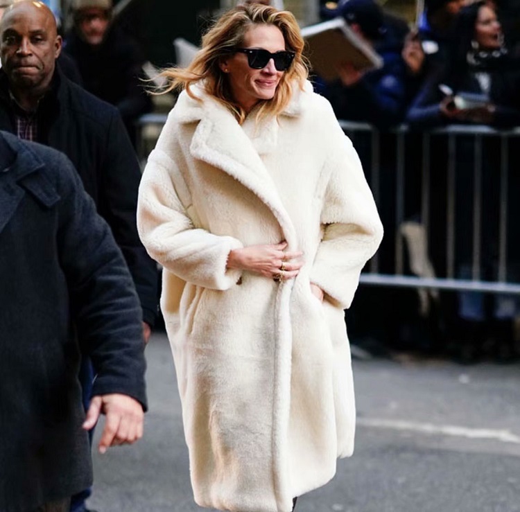 European and American women's lamb fur lapel loose winter long coat solid color faux fur coat