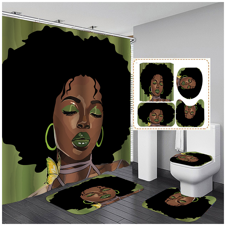 Sexy African girl non-slip carpet toilet lid set shower curtain