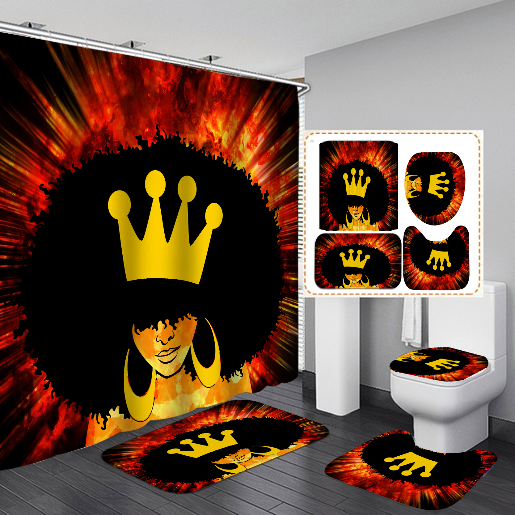 Sexy African girl non-slip carpet toilet lid set shower curtain