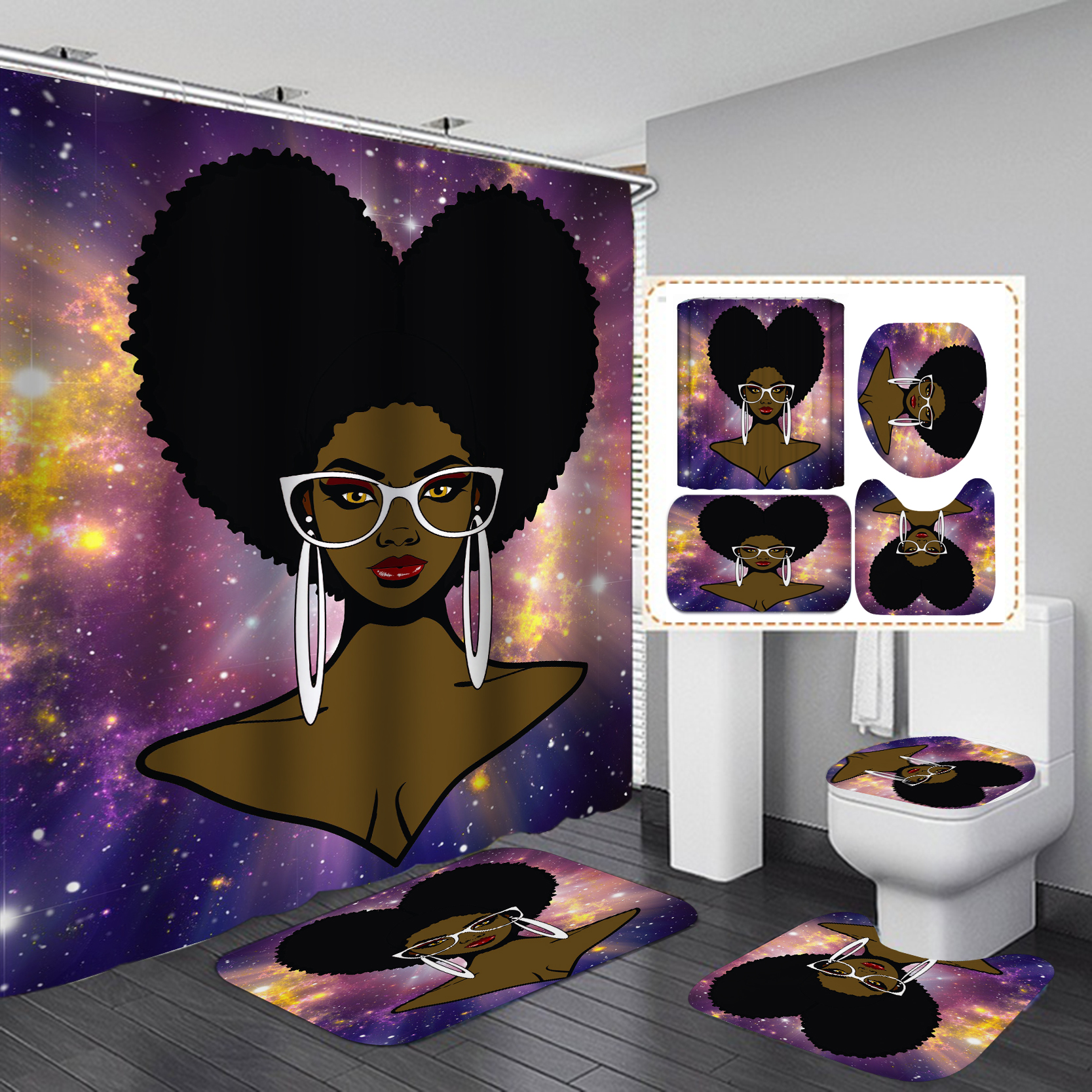 Sexy African girl non-slip carpet toilet lid set shower curtain