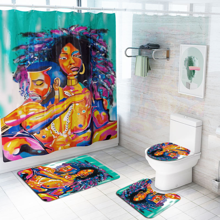 2020 Digital Printed Black African Men & Women Shower Curtain Set, Bathroom Carpet and Toilet Lip