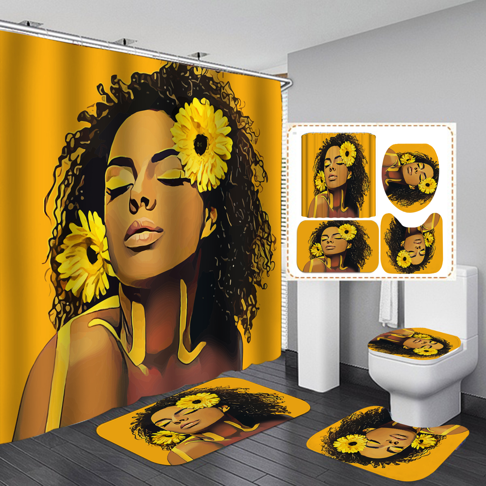 Sexy African girl non-slip carpet toilet lid set shower curtain