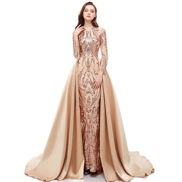 2020 long sleeve shiny women evening dresses Detachable train party evening gown 