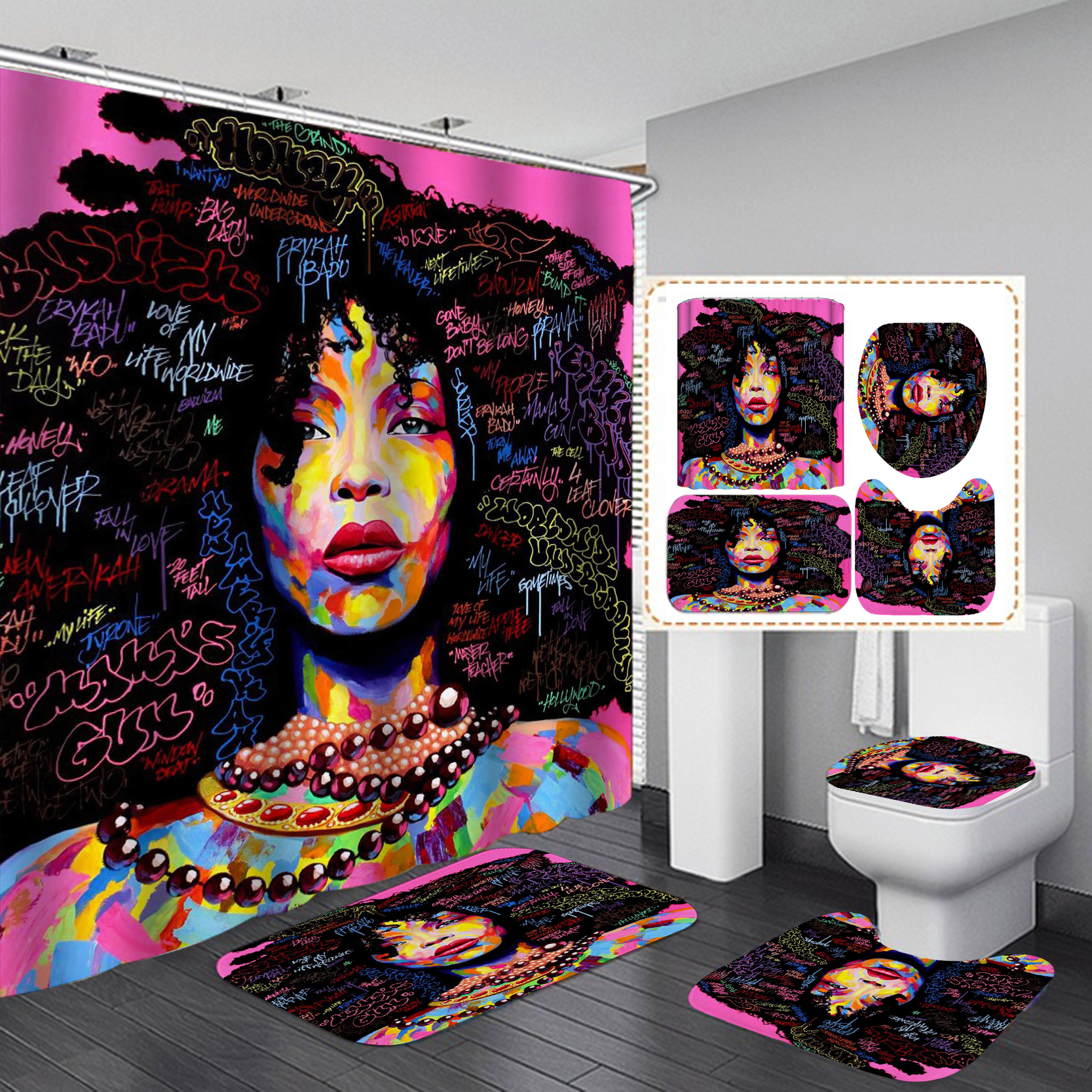 Sexy African girl non-slip carpet toilet lid set shower curtain