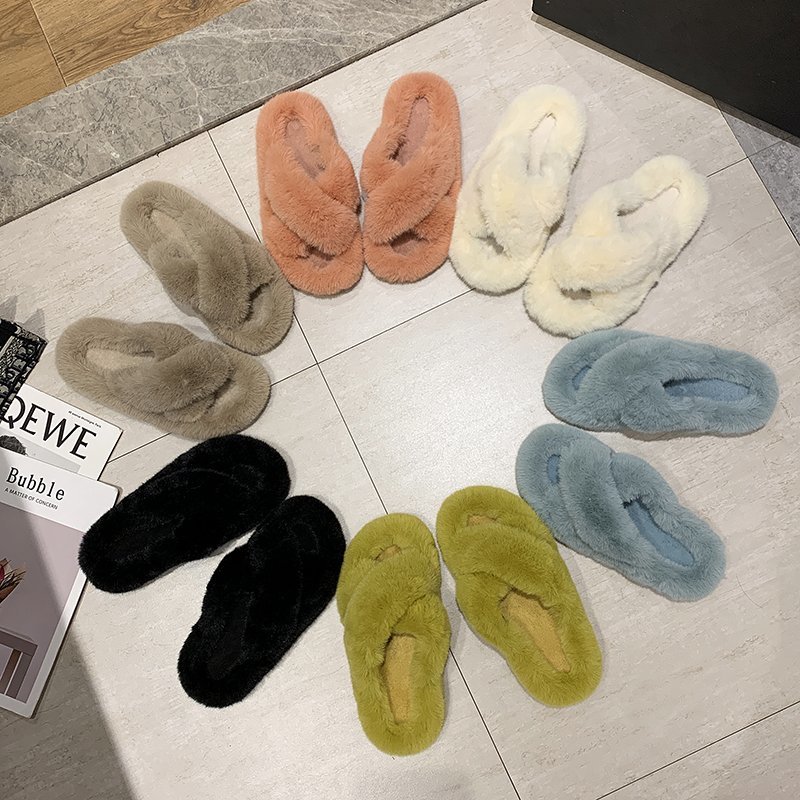 2021s Custom Winter Warm Fuzzy Indoor Outdoor Home Fur Slides Faux Sheepskin Slippers for Women