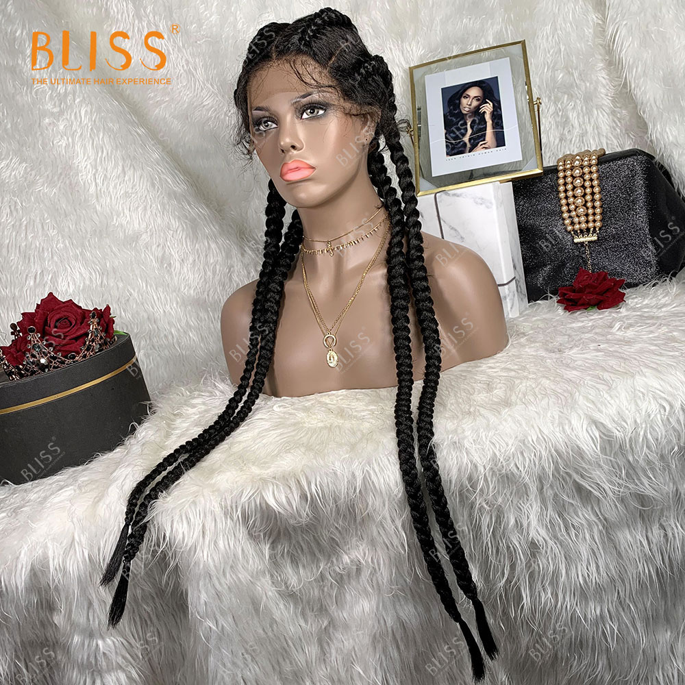 Bliss wholesale 4 long box braided twist lace black braided synthetic African women wig