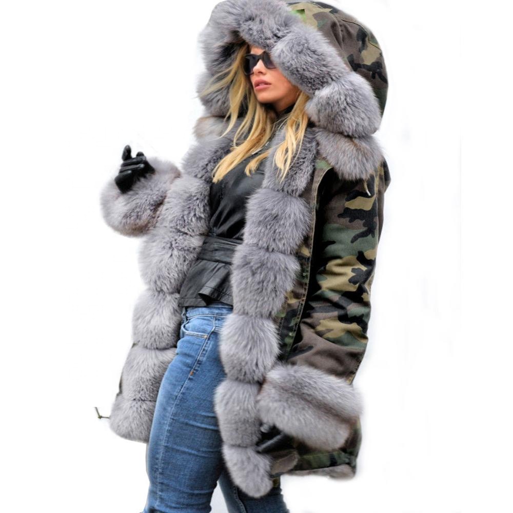 YX Fashion Women Fur Coat European and American Long Woolen Colla rHoodie Jacket 