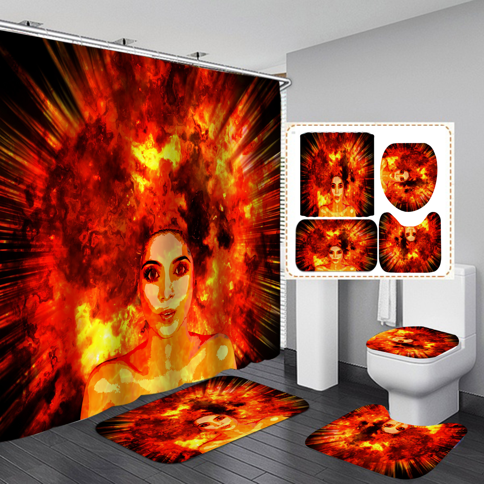 Sexy African girl non-slip carpet toilet lid set shower curtain