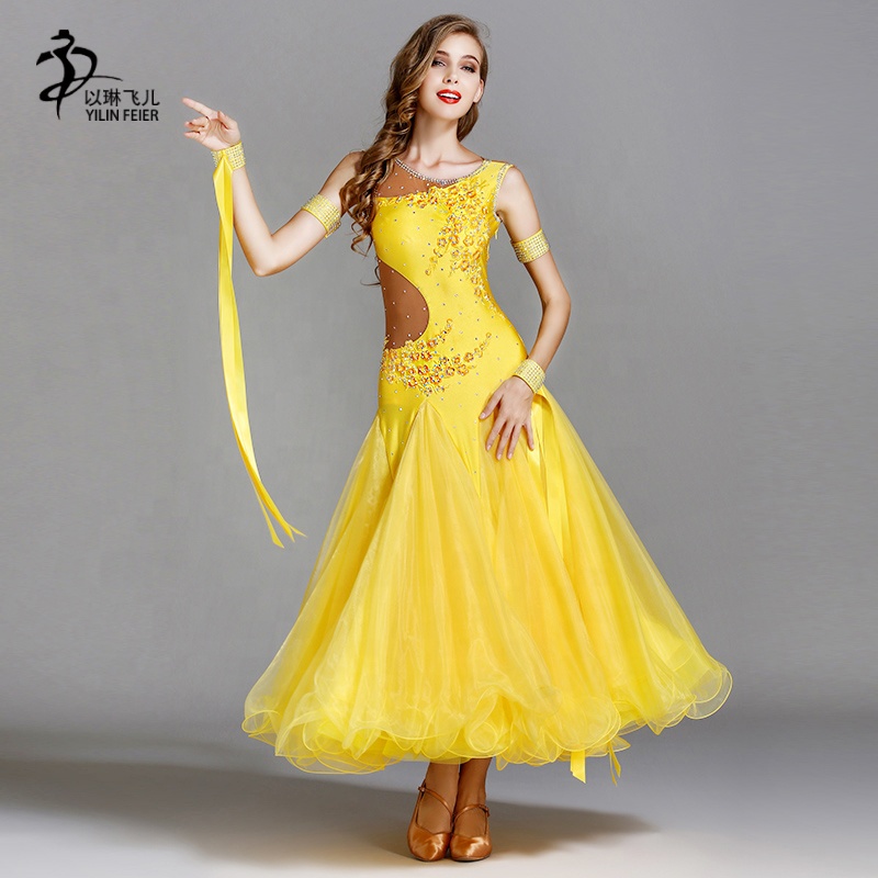 7 Colors Long Ballroom Dance Competition Standard Dresses Modern Ballroom Waltz Dress Luminous Dance Costumes 