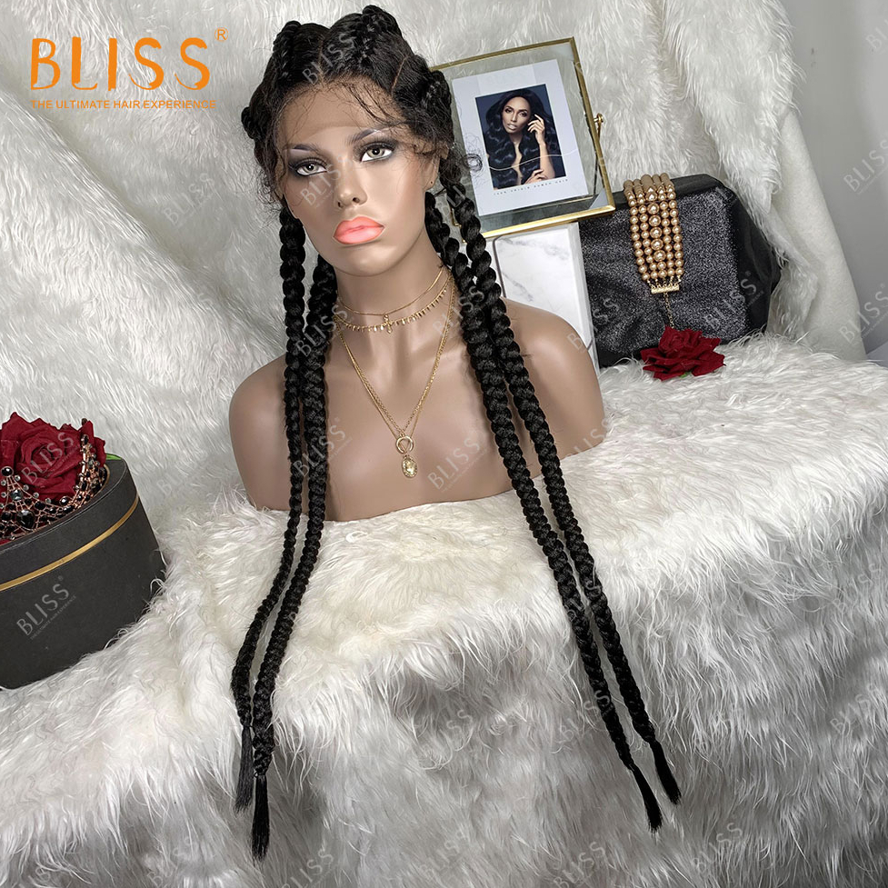 Bliss wholesale 4 long box braided twist lace black braided synthetic African women wig