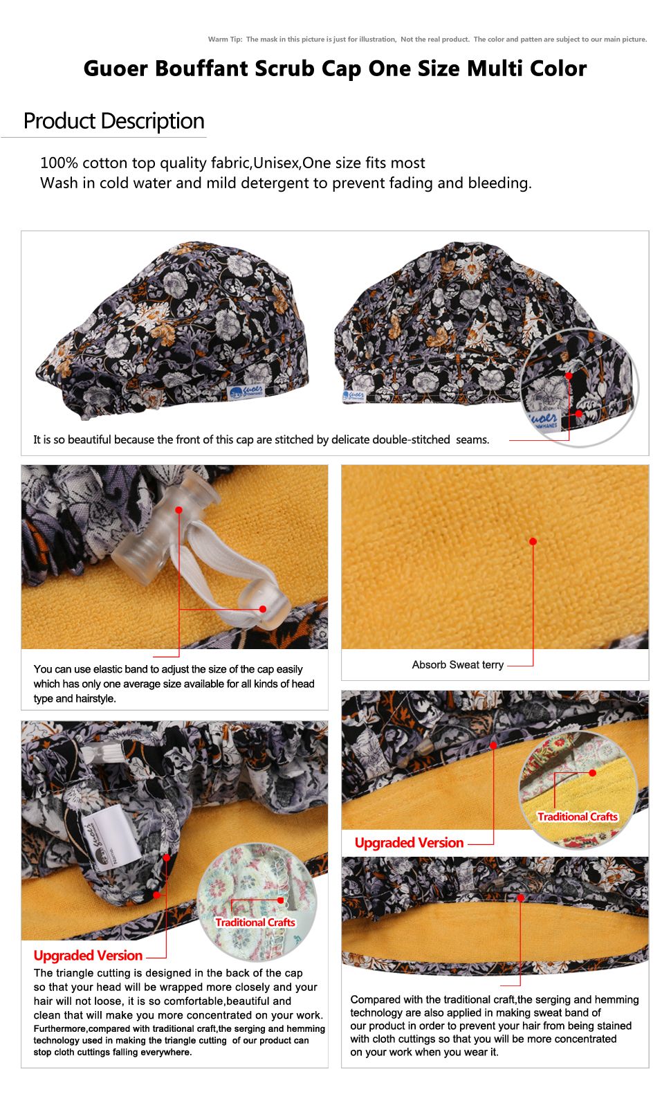 Guoer 100% cotton medical cap in a variety of sizes and colors