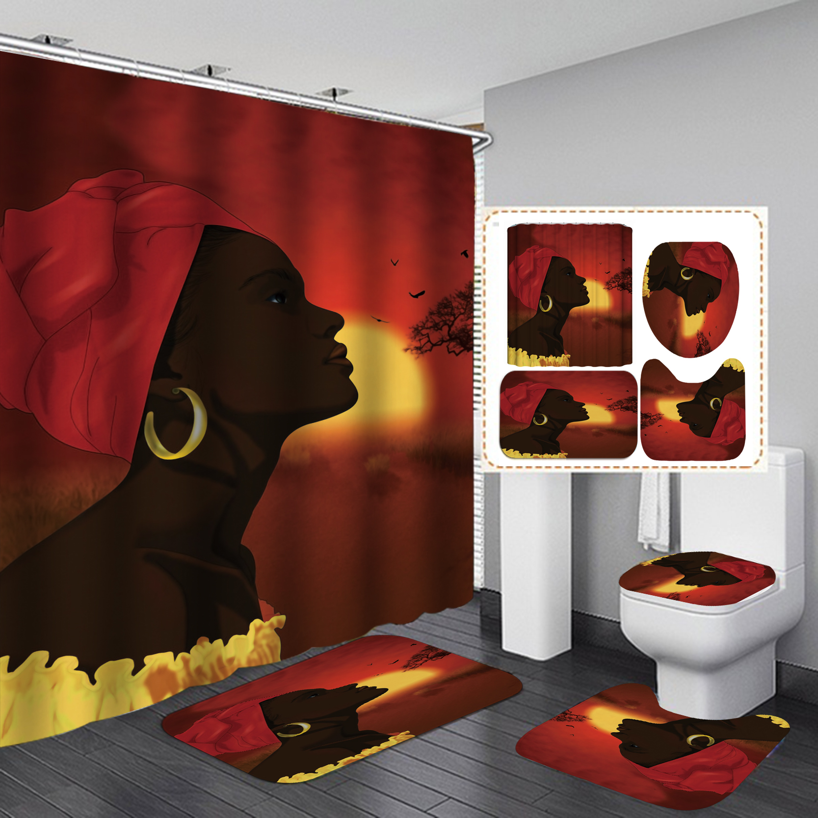 Sexy African girl non-slip carpet toilet lid set shower curtain