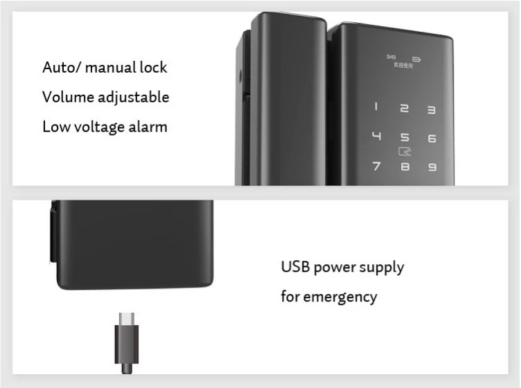 Password radio frequency card remote control mechanical key digital keypad frameless glass door lock