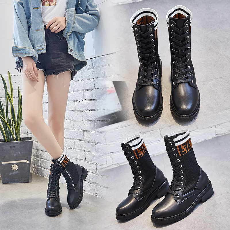 Autumn and winter elastic knit leather lace up women's shoes motorcycle boots knight boots low boots