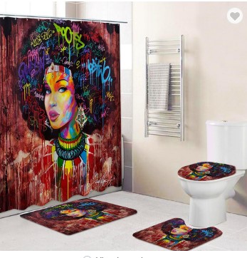 African Woman Flannel Memory Foam Carpet Set 4 Piece Bathmat Set with Shath Curtain