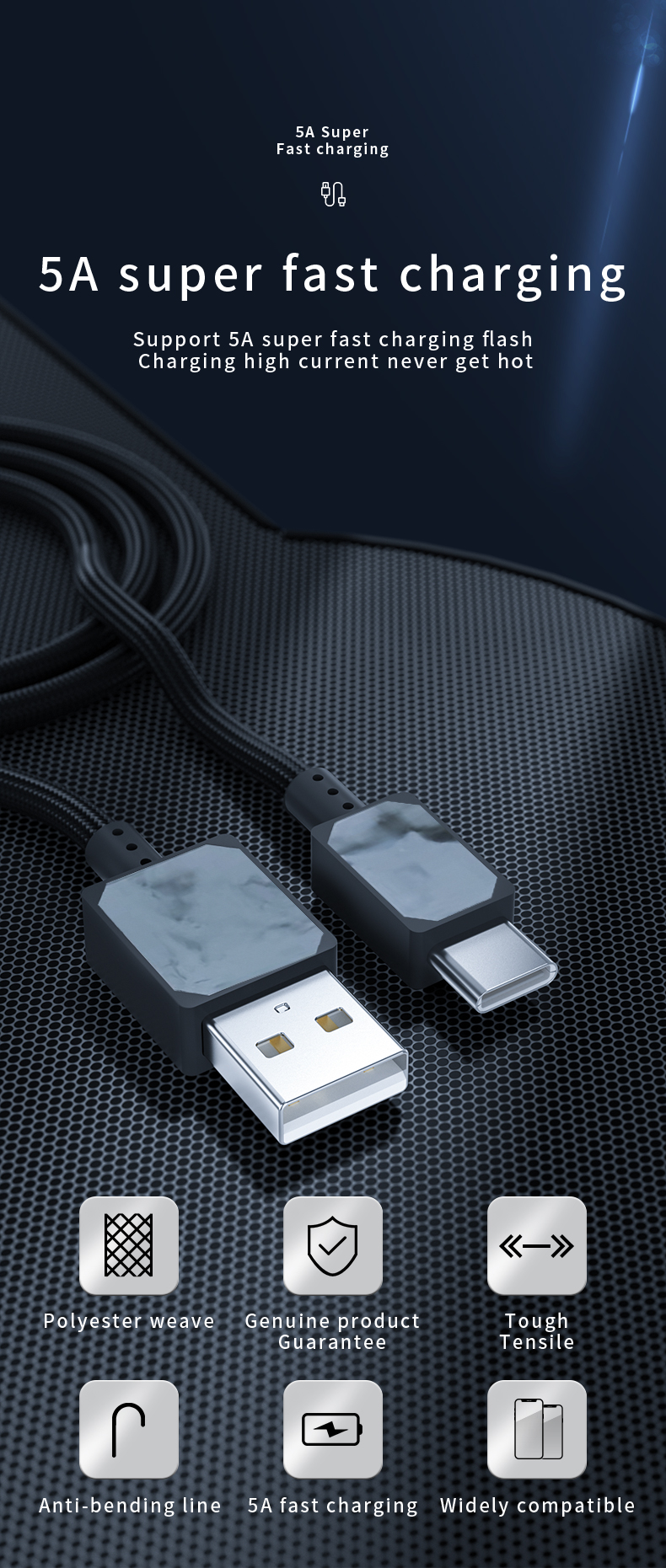 Factory Power Cable 5A Type c Fast Charging Cables Usb Data Cable Line For Huawei/Xiaomi USB C micro