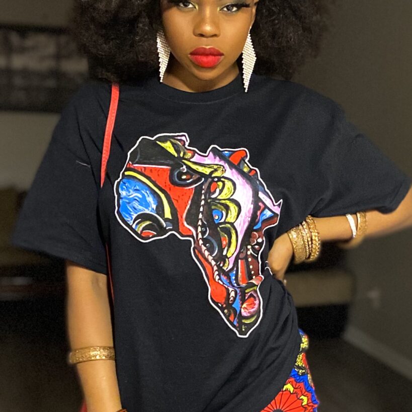 Wholesale Fashion Africa Women Clothing Short Sleeve Crew Neck African Print Tee Africa Unisex Black Print Tee Shirt