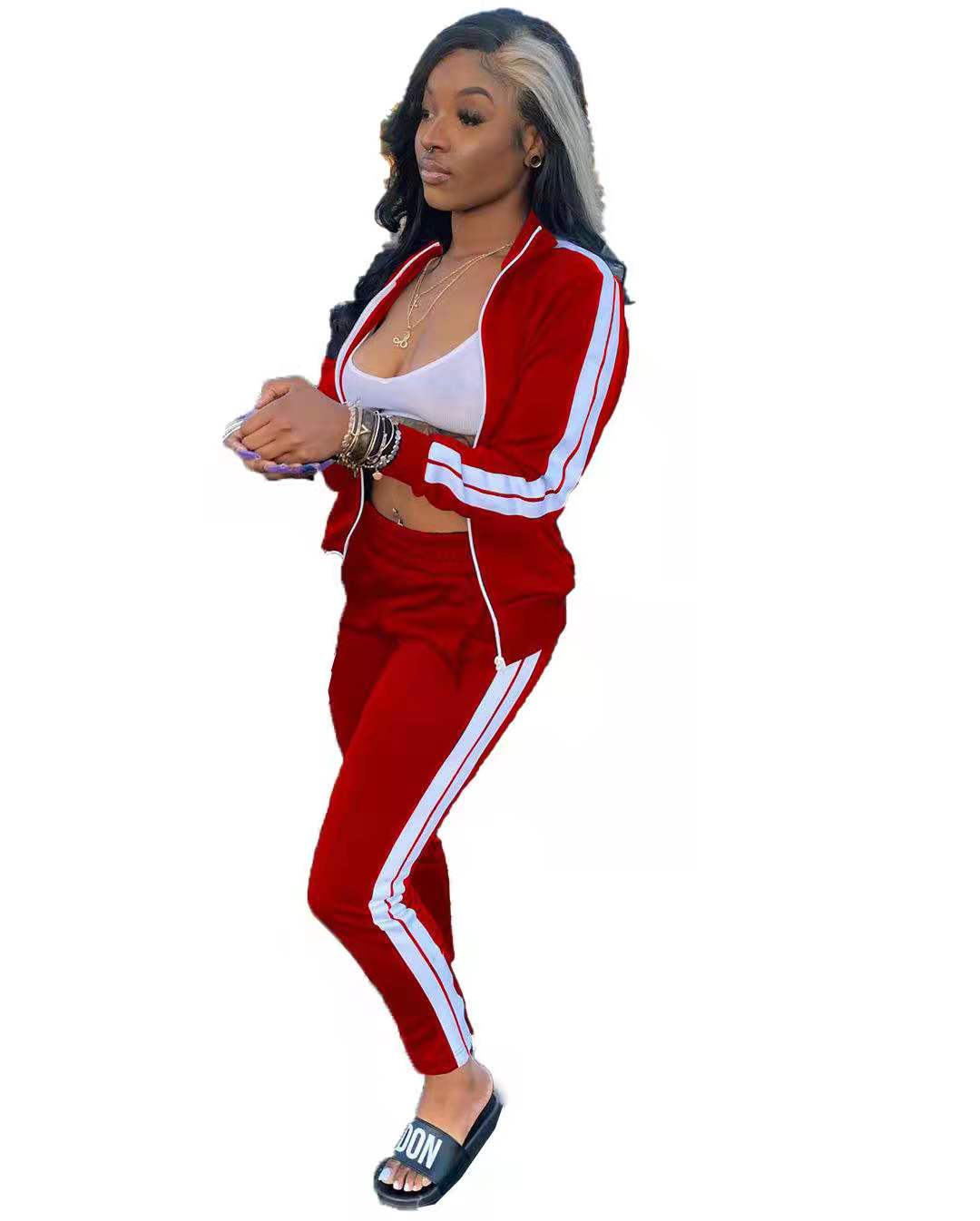 J&H fall 2021 hot sale customized zipper jacket two piece pants set with side stripe outfit women slim fit track