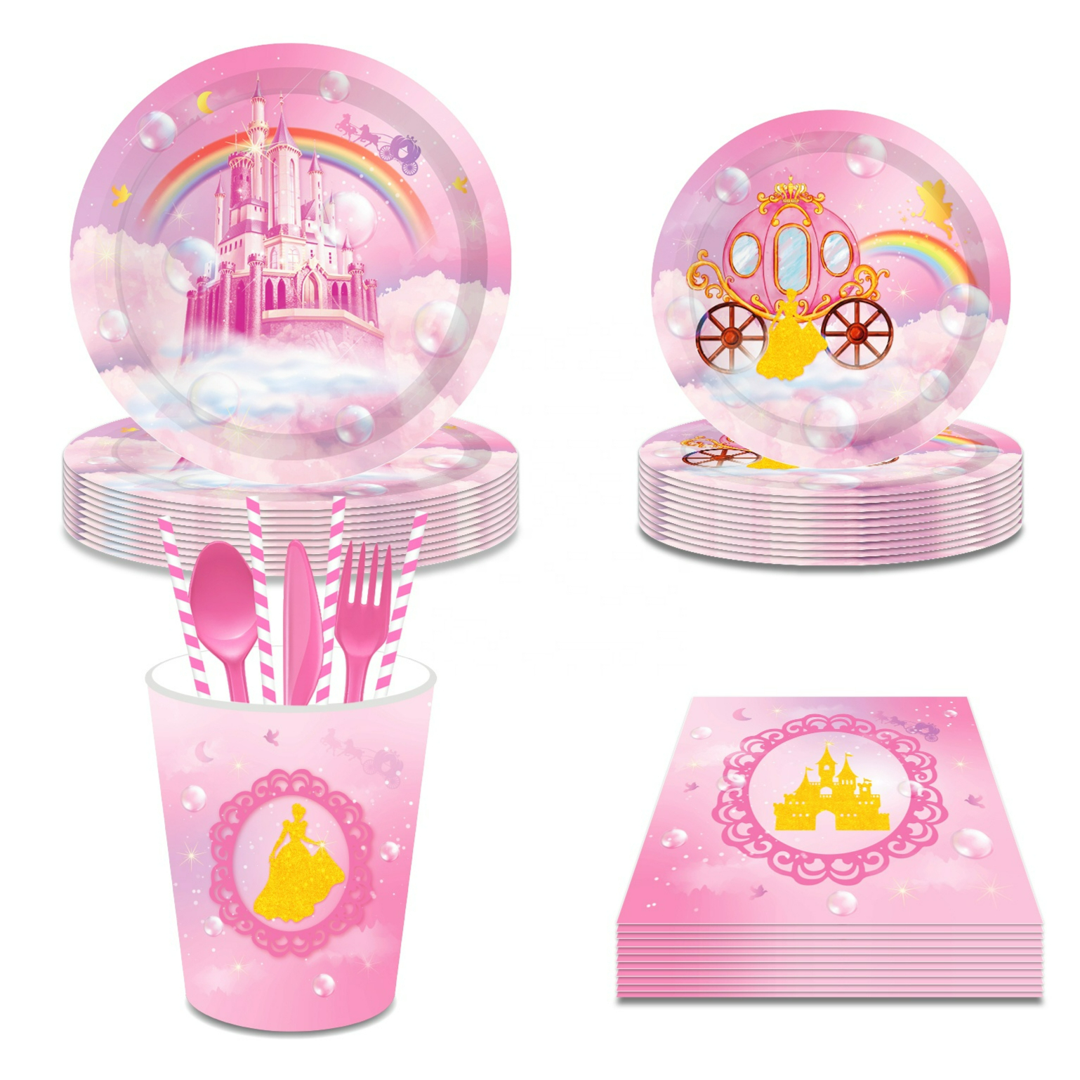 Huancai princess castle party supplies paper plates cups napkins disposable tableware set for party decorations