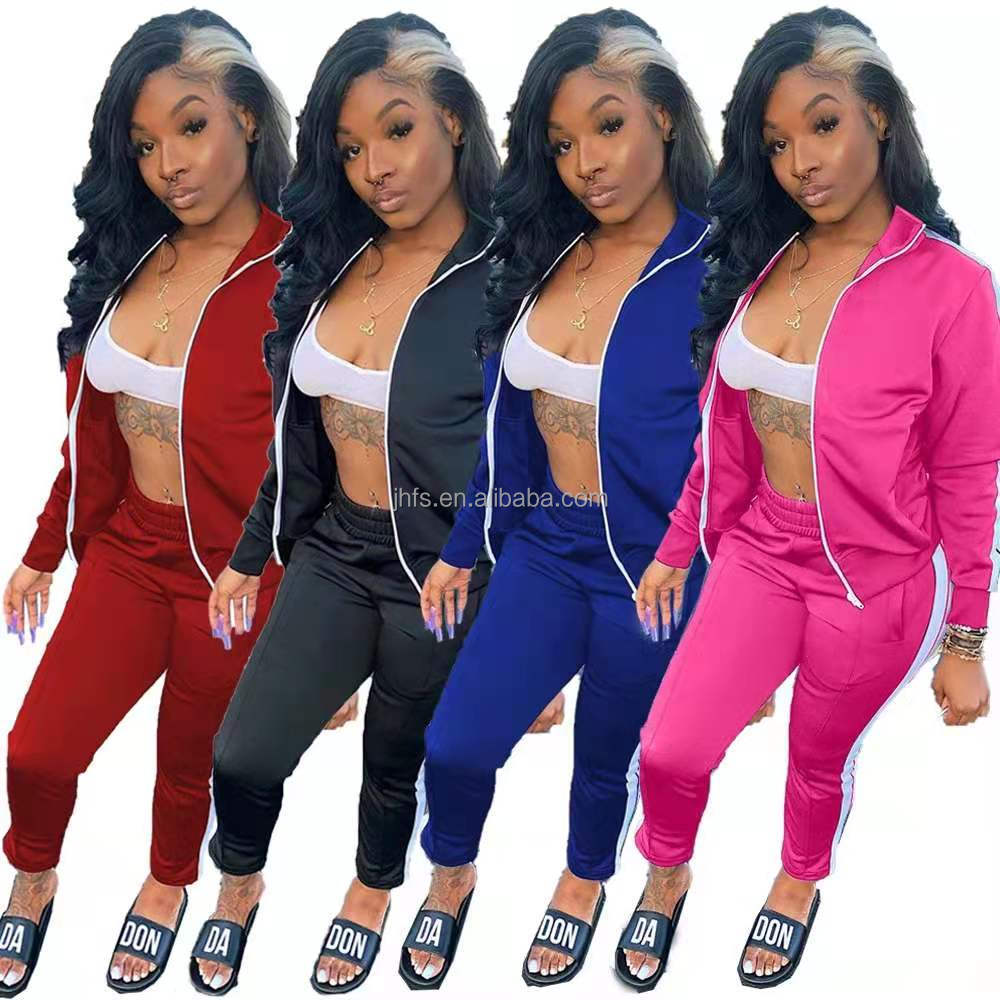 J&H fall 2021 hot sale customized zipper jacket two piece pants set with side stripe outfit women slim fit track