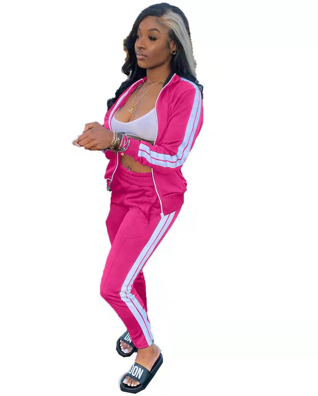 J&H fall 2021 hot sale customized zipper jacket two piece pants set with side stripe outfit women slim fit track