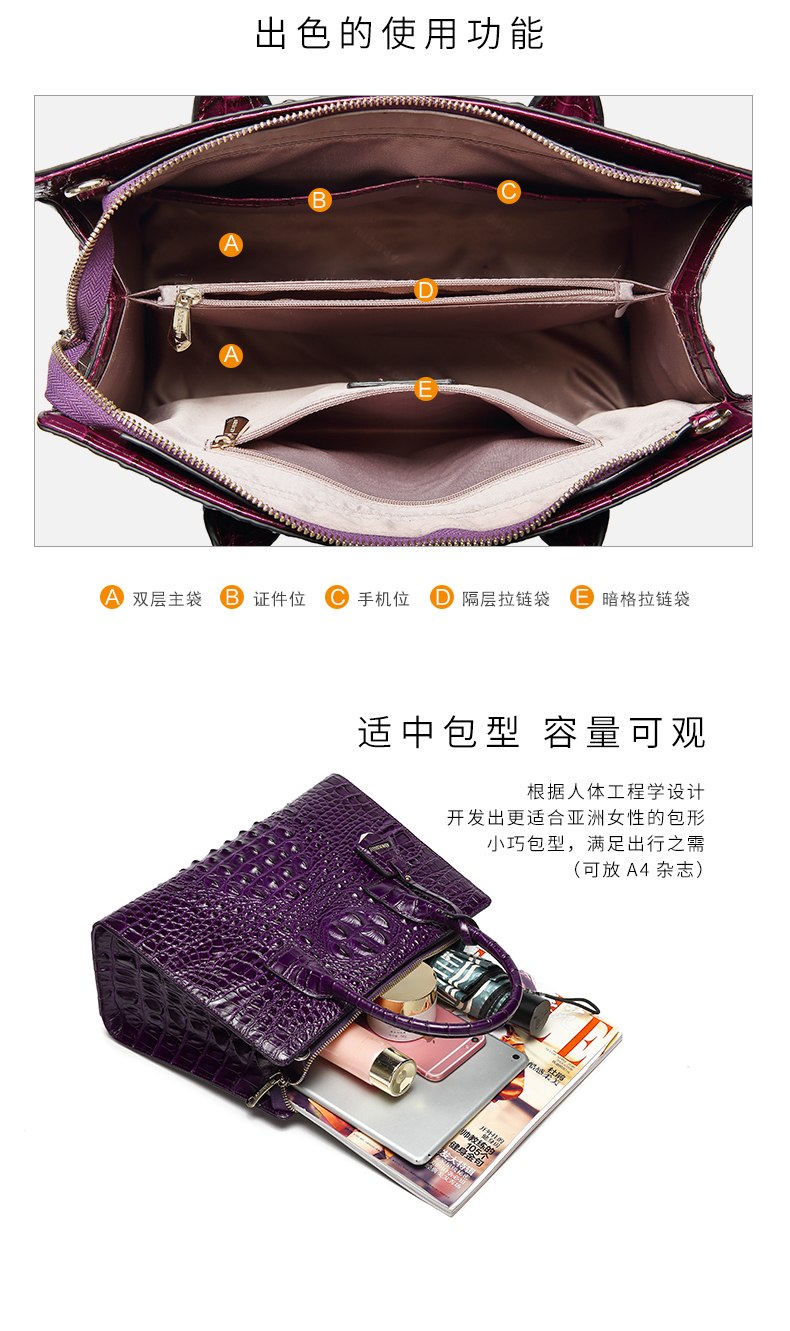 New fashion 2020 crocodile-print business square leather handbags for ladies