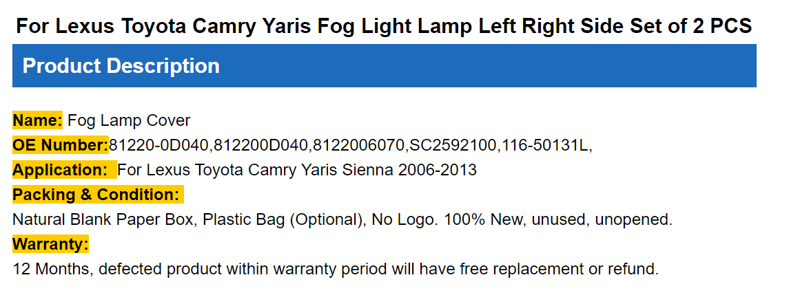 Lexus, Toyota camry, jas around rees two-piece fog lamps