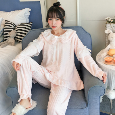 冬季法兰绒加厚简单家居服女士青少年睡衣