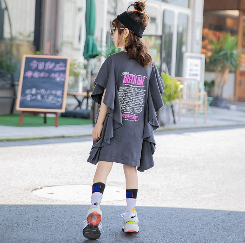 2021年新款夏季灰色印花棉质短袖大女孩连衣裙