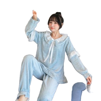 冬季法兰绒加厚简单家居服女士青少年睡衣