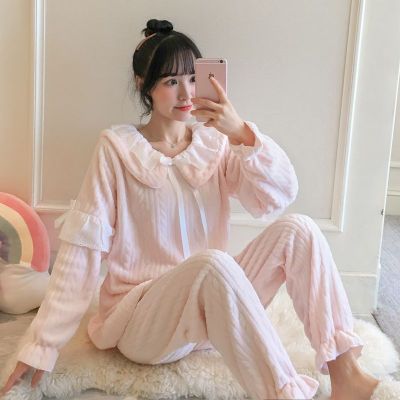 冬季法兰绒加厚简单家居服女士青少年睡衣