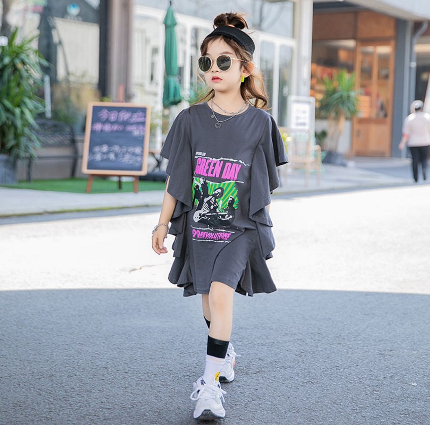 2021年新款夏季灰色印花棉质短袖大女孩连衣裙