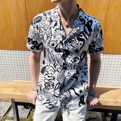 批发夏季酷碎花青少年男士休闲衬衫