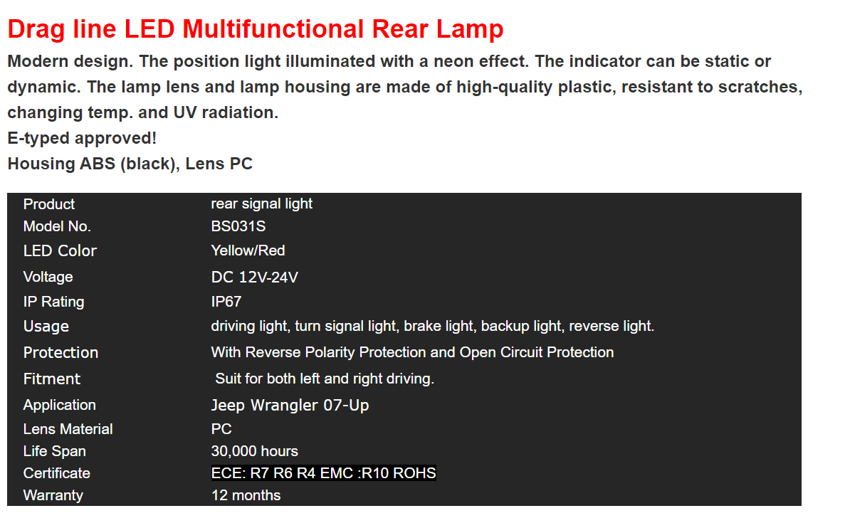 High quality rectangular outline 24 v LED side mark car tail lights