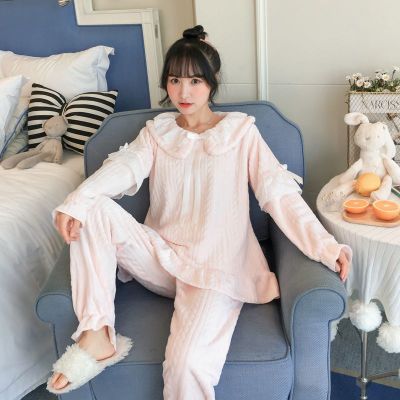 冬季法兰绒加厚简单家居服女士青少年睡衣