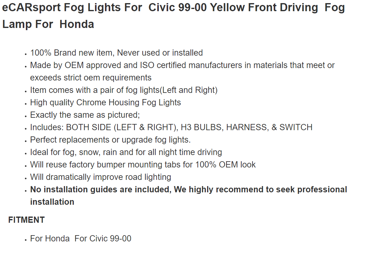 Fits the Honda Civic 99-00 yellow Ecarsport fog lamp
